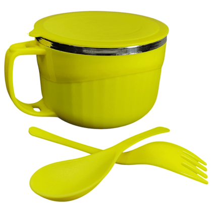 Maggie and Soup Bowl with Lid, Spoon & Fork Set, Yellow Color